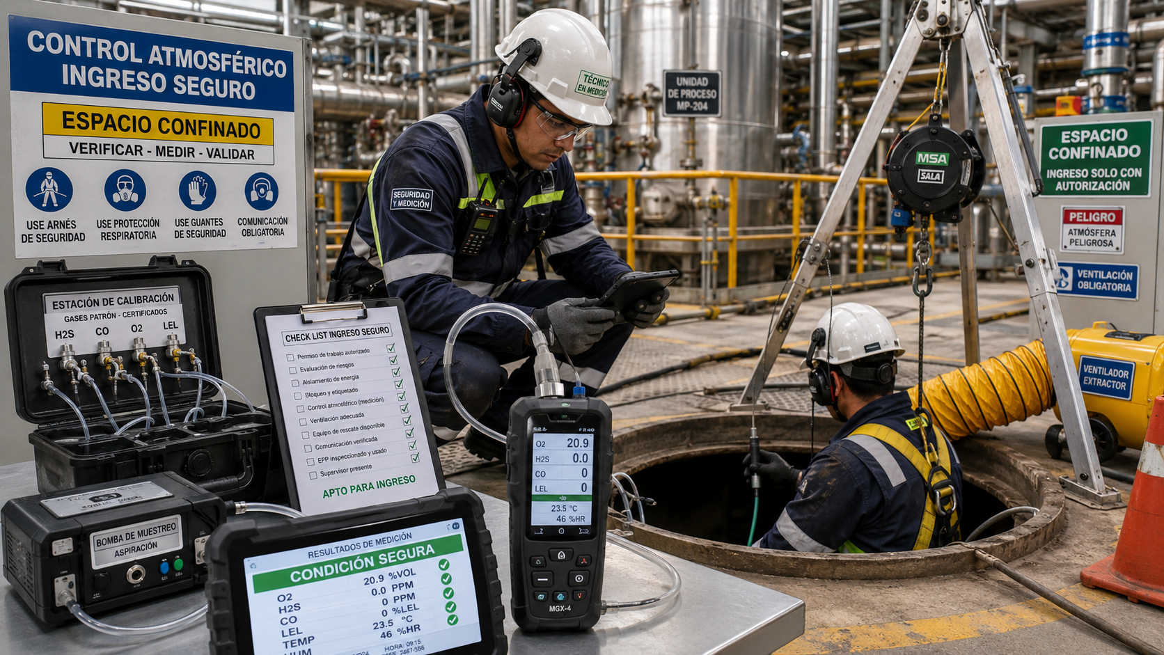 Técnico realizando monitoreo atmosférico de espacios confinados